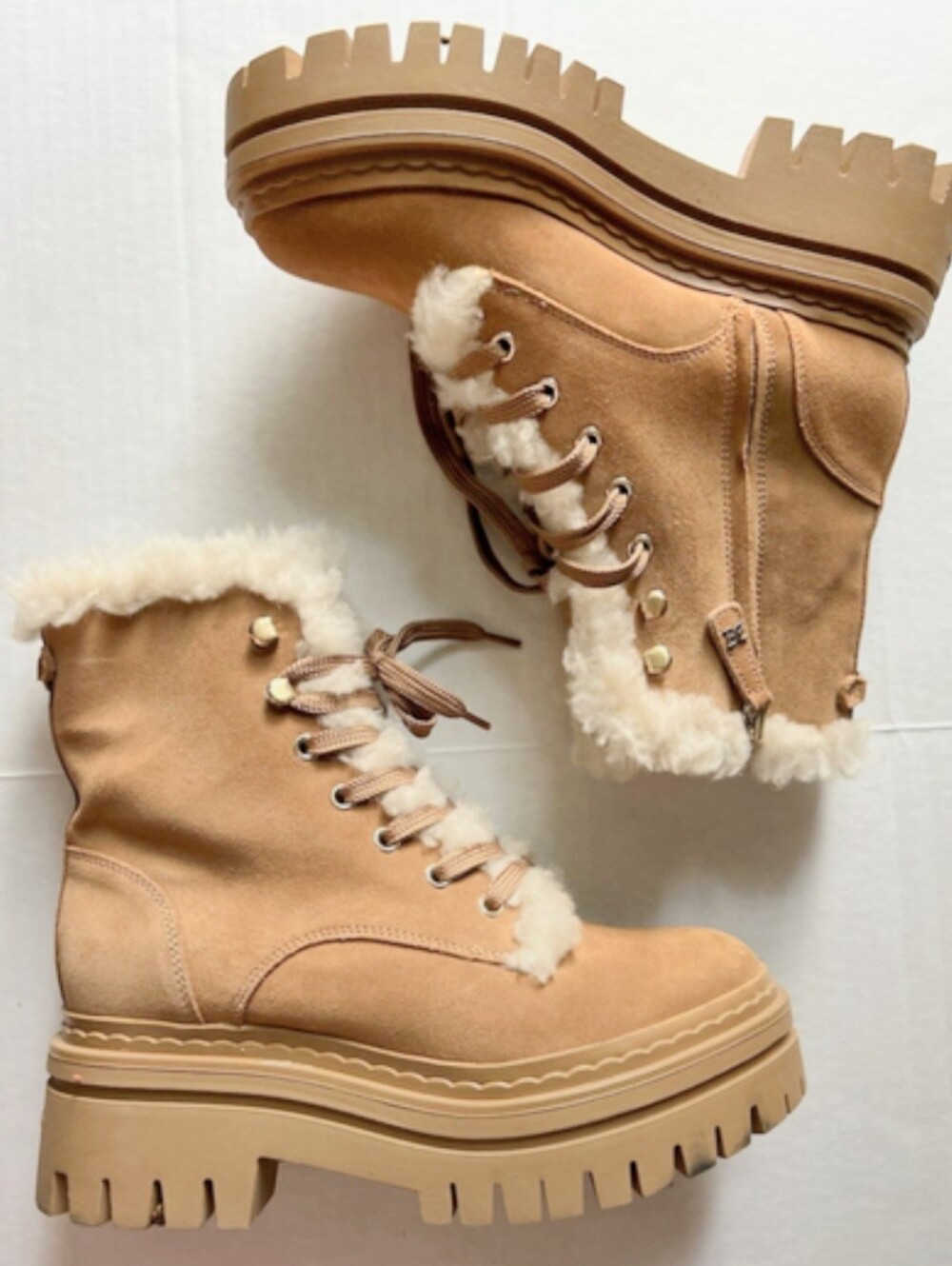 Sam Edelman Platform Suede Shearling-Combat Style Boots, Warm! Chunky Heel.